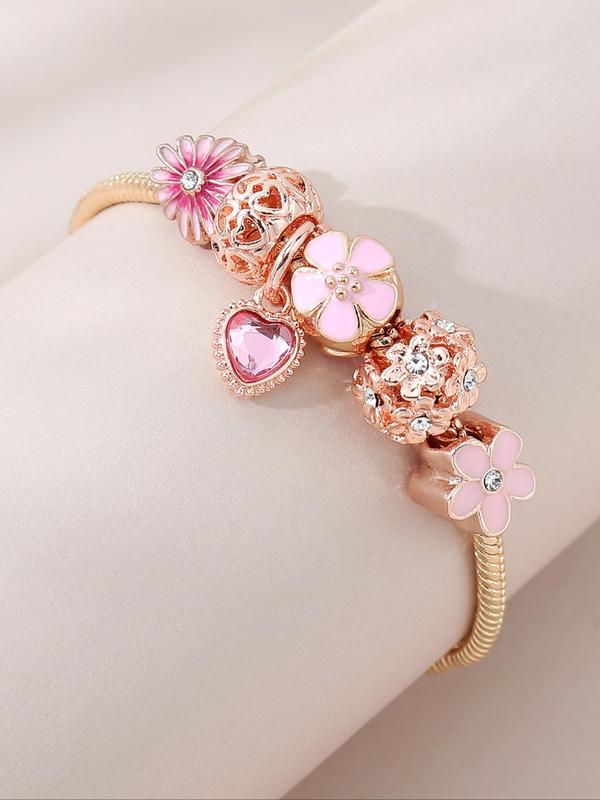 2024 Summer Women's Cute Rhinestones Flower Decorated Link Bracelet, Heart Charm Alloy Jewelry for Women, Classic Fashion Accessories for Daily, Back To School Gifts for Women and Girls