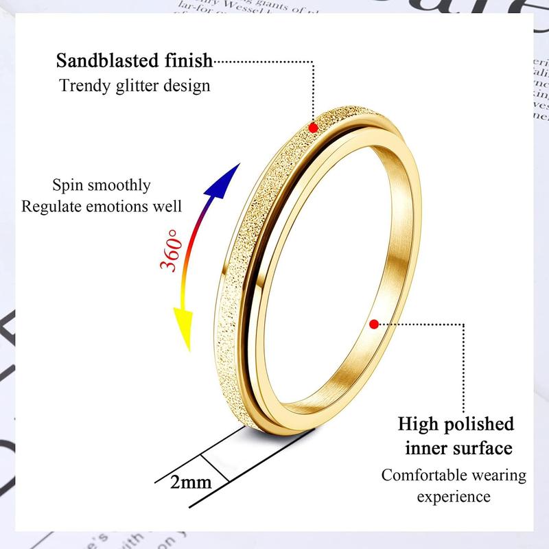 Fidget Rings for Women Men -2 4mm Titanium Steel Spinner Ring for Anxiety Stress Relief Glitter Sandblast Spinning Figit Anxiety Jewelry for Women Gifts