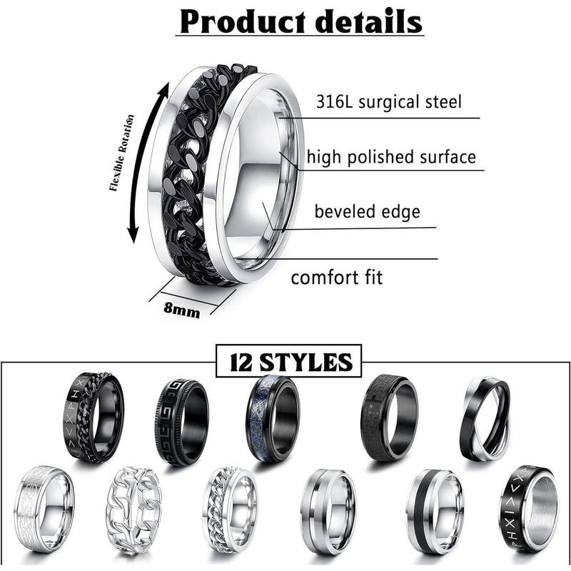 MILACOLATO 12PCS Stainless Steel Band Rings for Men Women Fidget Spinning Chain Ring Fidget Ring Anxiety Relief Ring for Men Fashion Simple Wedding Engagement Black Ring Set Size 7-13 Daily