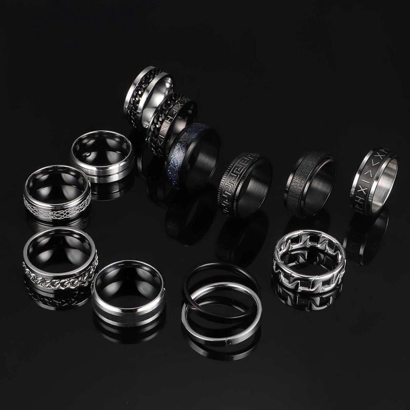 MILACOLATO 12PCS Stainless Steel Band Rings for Men Women Fidget Spinning Chain Ring Fidget Ring Anxiety Relief Ring for Men Fashion Simple Wedding Engagement Black Ring Set Size 7-13 Daily