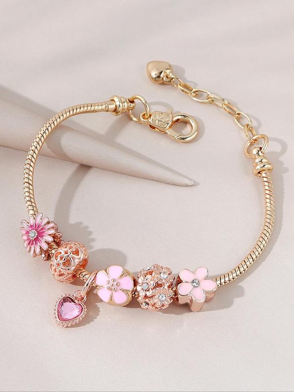 2024 Summer Women's Cute Rhinestones Flower Decorated Link Bracelet, Heart Charm Alloy Jewelry for Women, Classic Fashion Accessories for Daily, Back To School Gifts for Women and Girls