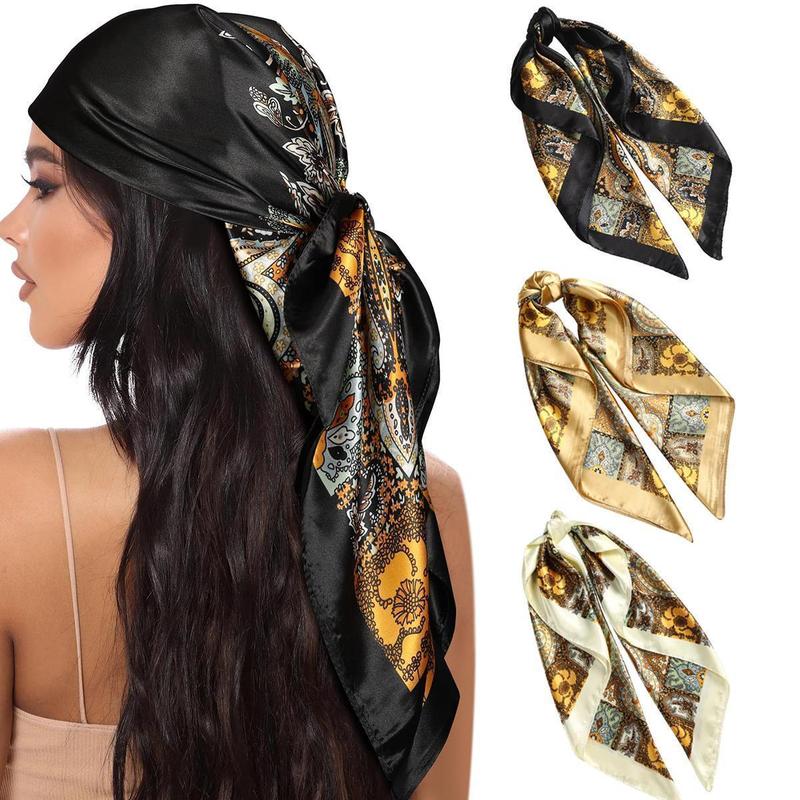 AWAYTR 3PCS 35” Large Square Head Scarf Fashion Hair Scarves Bandana Scarf Headscarf Women's Silk Feeling Scarf Head Wrap