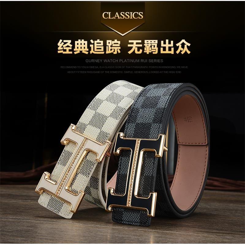 Belt Men's Leather Smooth Buckle Belt Letters Personality Casual Korean Style Trendy Middle-Aged Youth Pants Belt Summer Cowhide