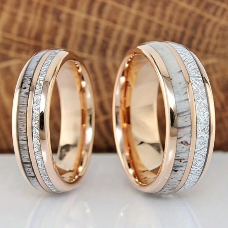 Stainless Steel His and Her Wedding Ring Set with Imitation Meteorite and Deer Antler Design