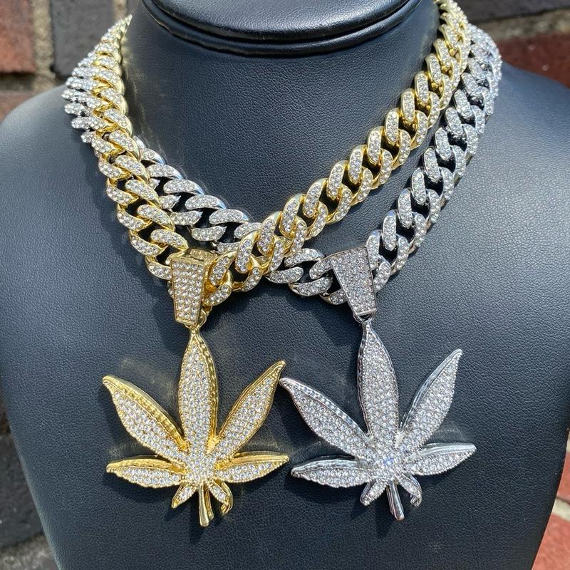 Full Iced Bling Out Hip Leaf Pendant & 24” Cuban Necklace Chain Jewelry Set