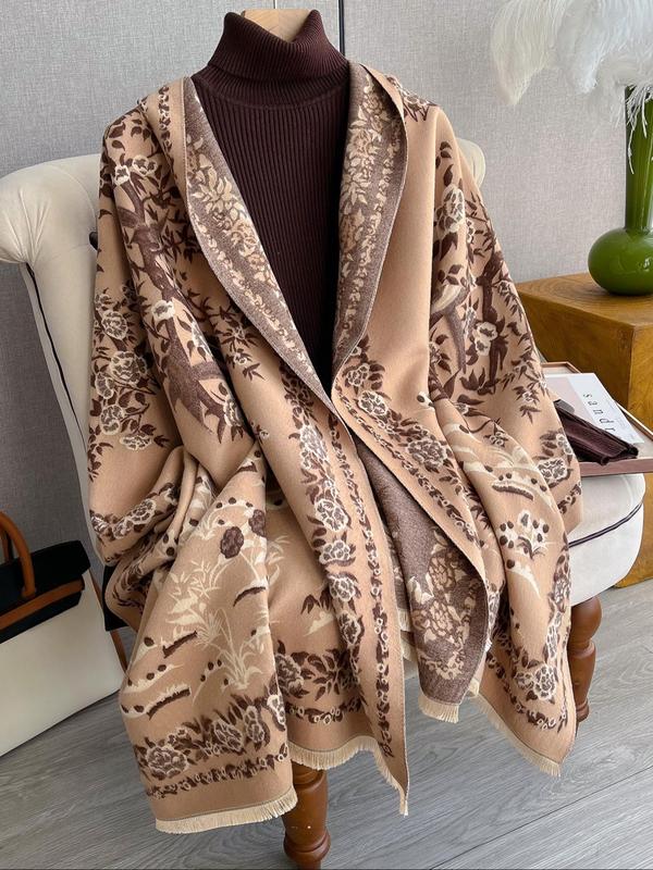 Women's Floral Print Tassel Decor Shawl, Casual Soft Warm Thick Long Scarf for Fall & Winter, Fashion Accessories for Women & Girls