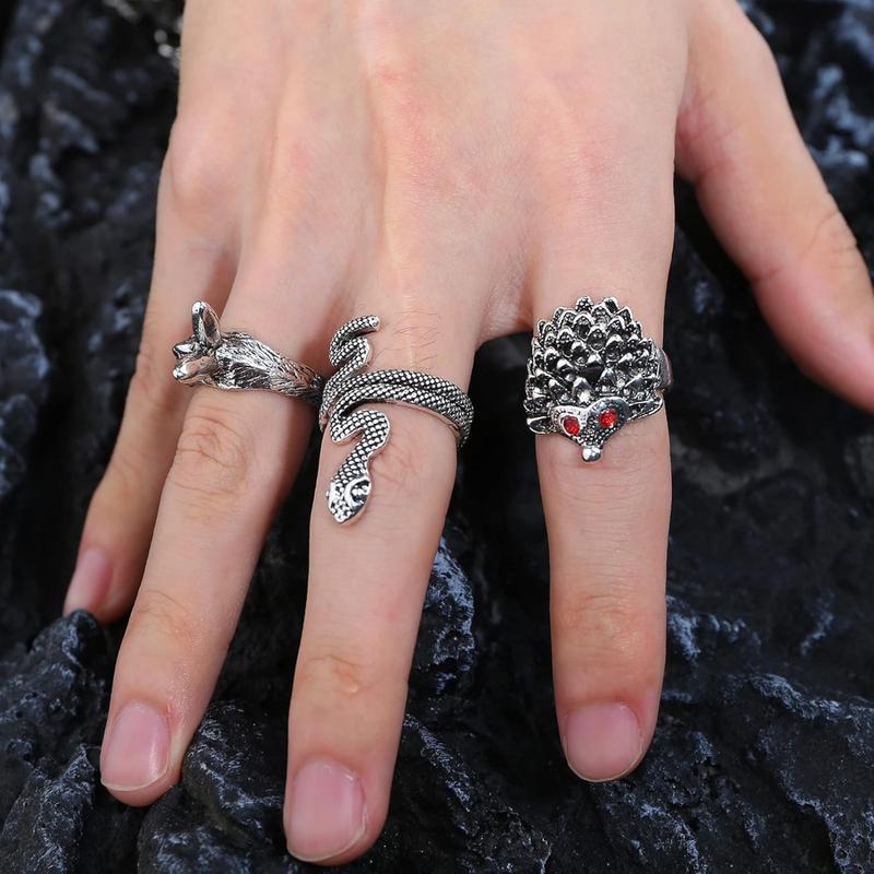 ORAZIO 16 counts Gothic Open Rings Set for Men Women Punk Adjustable Snake Dragon Claw Animal Rings Vintage Goth Skull Rings Indie Aesthetic