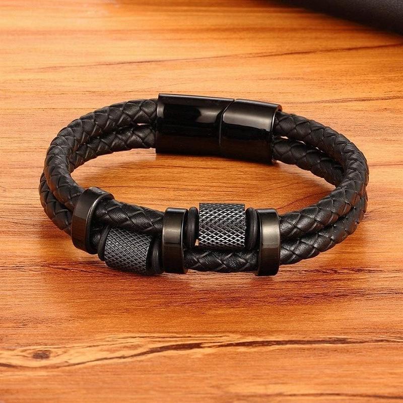 Men's Leather Braided Bracelet Titanium Steel Bangle Multilayer Braided Wristband Boho Style Magnetic Closure for Daily Use Valentine's Day Gift for him