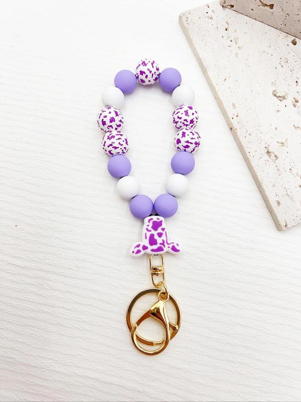 Cute Colorblock Cow Pattern Beaded Wristlet Keychain, Casual Milk Cow Design Wrist Beaded Keychain for Women & Men, Trendy Key Holder & Key Ring, Kawaii Accessories