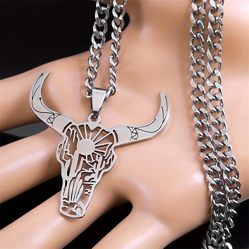 Trendy western cowboy style stainless steel bull head pendant necklace jewelry, gift for men