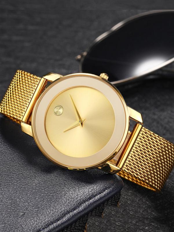 Fashionable Simple Watch With Mesh Strap, Classic Waterproof Gold Round Dial Men's Wristwatch