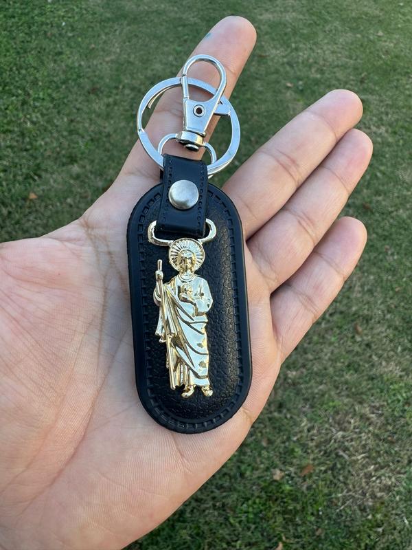 keychain San Judas tadeo stainless steel and leather