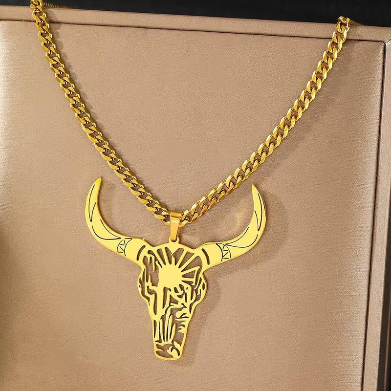 Trendy western cowboy style stainless steel bull head pendant necklace jewelry, gift for men