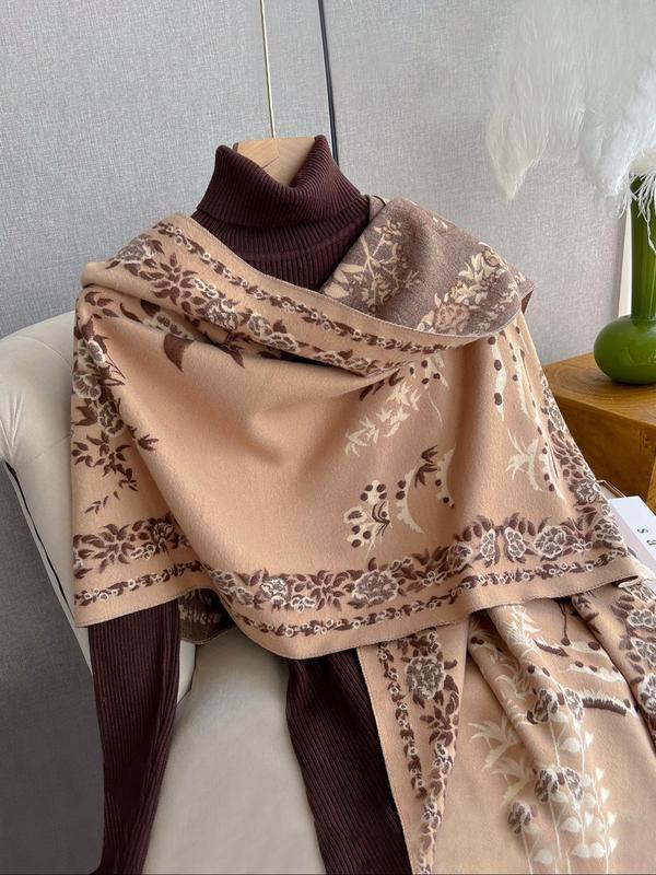 Women's Floral Print Tassel Decor Shawl, Casual Soft Warm Thick Long Scarf for Fall & Winter, Fashion Accessories for Women & Girls