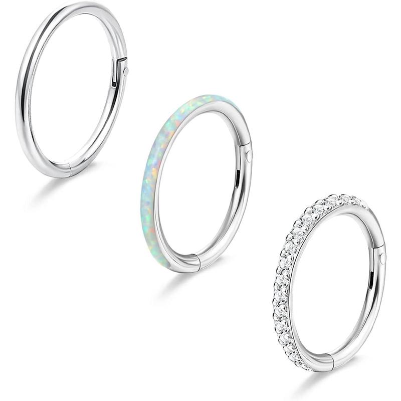 FLORIDECO 3Pcs Titanium Steel Nose Ring Hoops for Women 18G 16G Hinged Septum Ring CZ Clicker Segment Septum Lip Nose Ear Eyebrow Tragus Hoop Helix Cartilage Conch Rook Daith Piercing Jewelry 8mm 10mm Daily