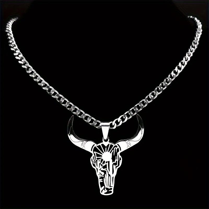 Trendy western cowboy style stainless steel bull head pendant necklace jewelry, gift for men