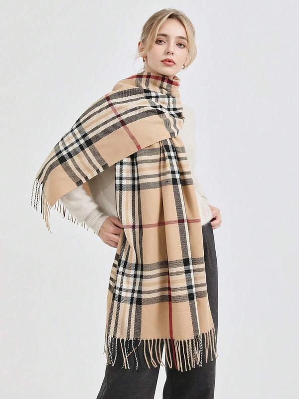 Women's Tartan Print Tassel Trim Scarf, Casual Soft Warm Plush Shawl for Daily Wear, Fashion Accessories for Women & Girls