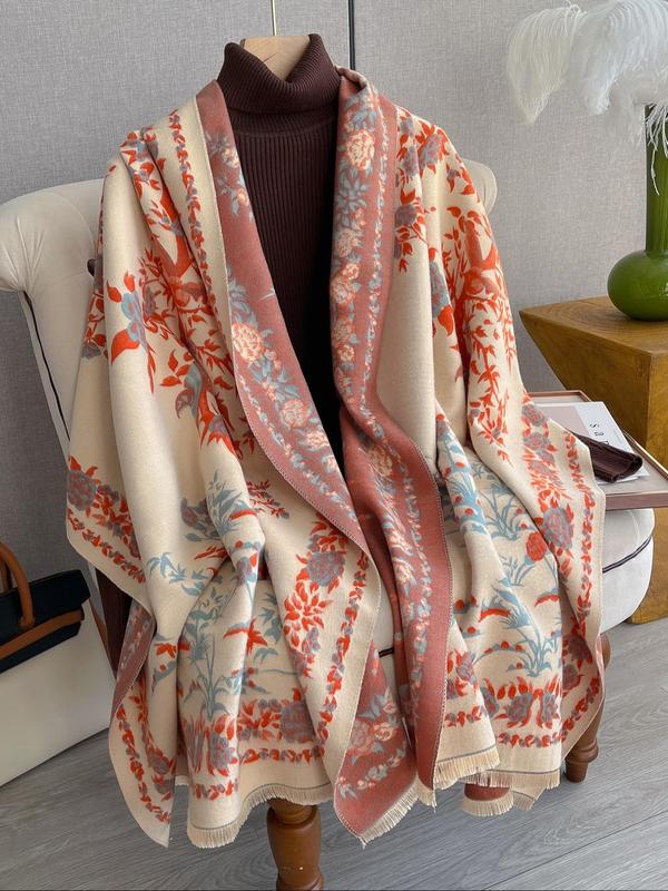 Women's Floral Print Tassel Decor Shawl, Casual Soft Warm Thick Long Scarf for Fall & Winter, Fashion Accessories for Women & Girls