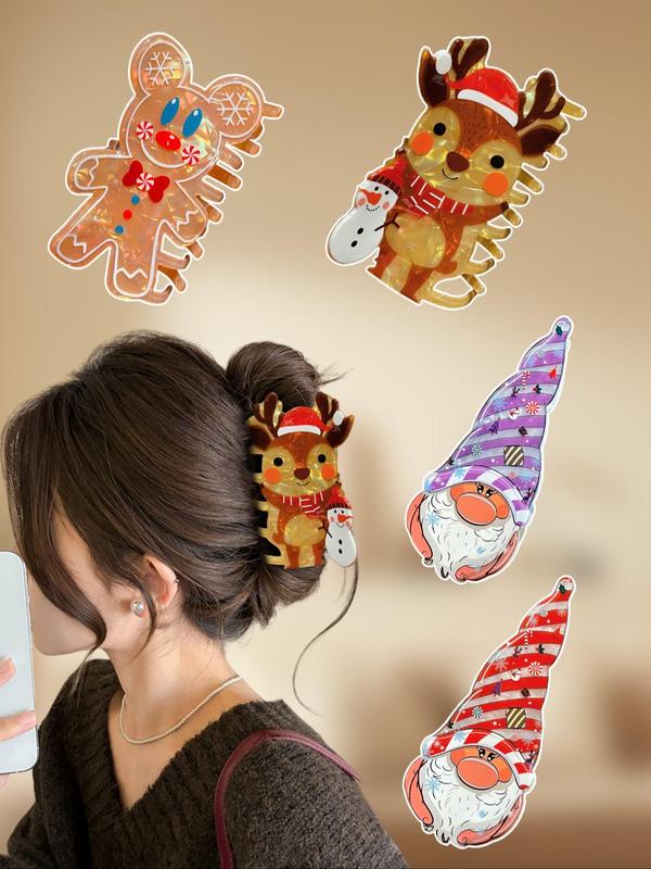 Christmas Themed Cartoon Hair Claws, Cute Gingerbread Man Santa Elk Design Hair Claw, Fashionable Hair Accessories for Women & Girls, Cute Lovely Hairwear for Daily Used