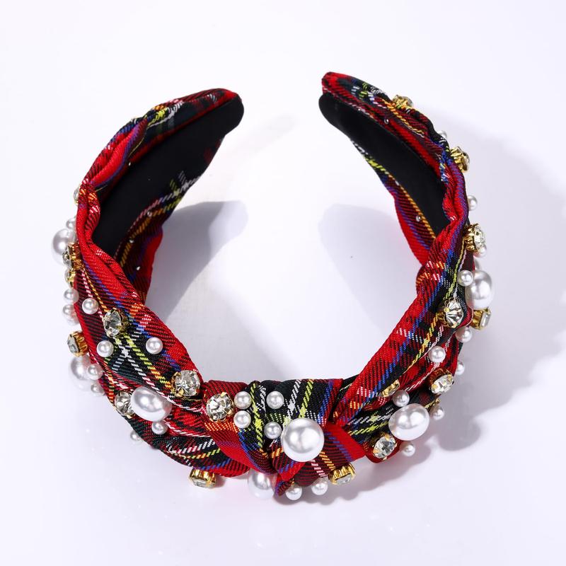 Christmas Headband for Women White Pearl Rhinestone Crystal Jeweled Embellished Hairband Wide Top Knot Hairband Headpieces Christmas Holiday Party Costume Decoration (red plaid knot hairband)