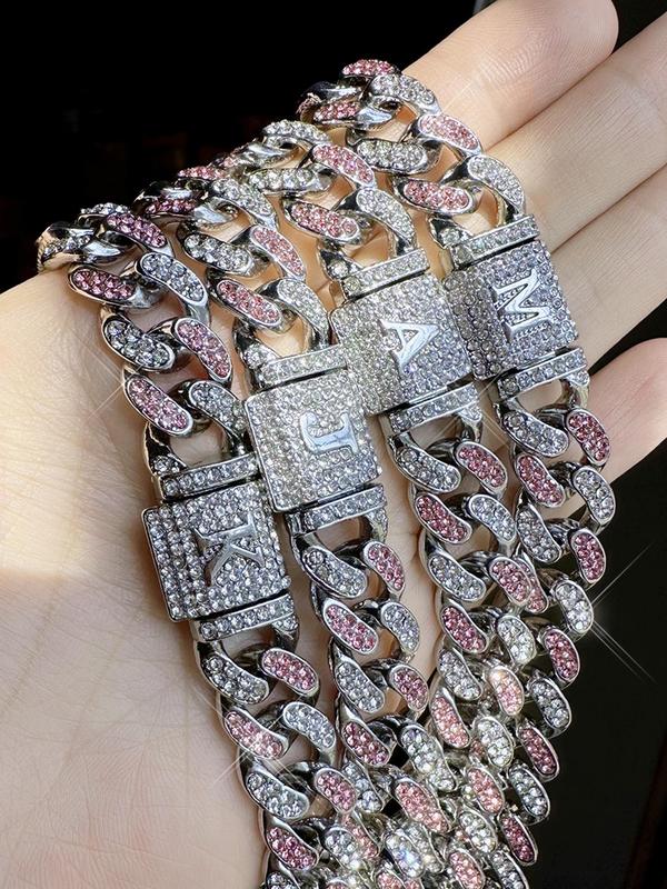 Rhinestone Decorated Letter Design Cuban Link Bracelet, Fashionable Iced Out Jewelry for Women & Men, Trendy All-match & Exquisite Jewelry for Birthday Gift