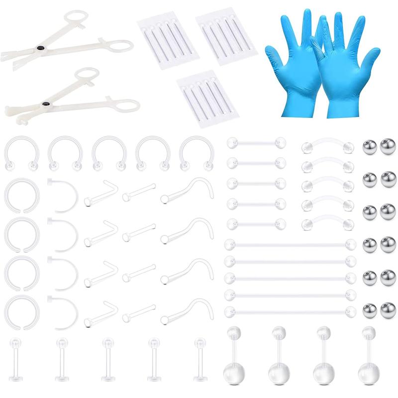 76PCS Clear Piercing Kit Retainer,14G 16G 18G Piercing Needles for Nose Septum Flexible Bioflex Plastic Cartilage Helix Daith Rook Tragus Nipple Piercing Piercing Kit