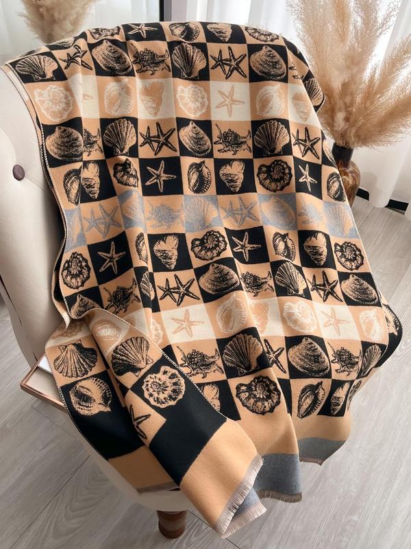 Women's Boho Style Marine Life Print Raw Hem Design Shawl, Casual Warm Thick Scarf for Fall & Winter, Fashion Accessories for Daily Wear