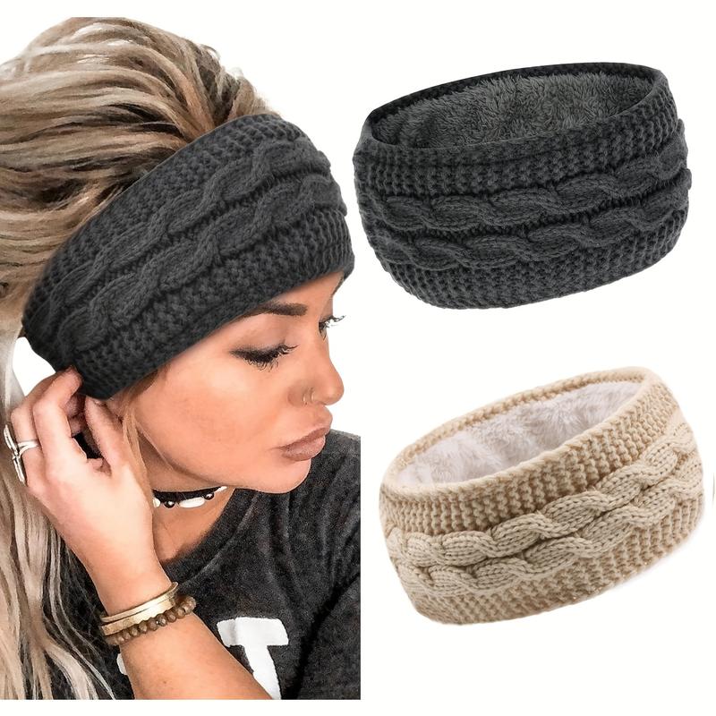 2 Pcs set Ribbed Fleece Knitted Headband Solid Color Elastic Ear Warmer Headband Classic Bow Hair Band Suitable for Ladies Daily Use Autumn and Winter