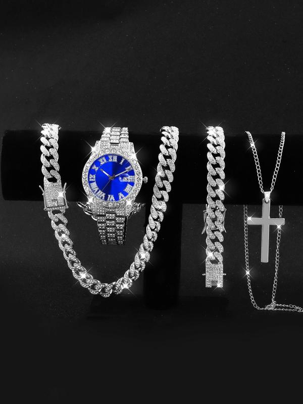 Luxury Rhinestone Decor Analog Quartz Watches for Women & Jewelry Set, Watch & Matching Cuban Chain Bracelet & Cross Necklace, As Gifts for Men, without Box, Watch for Men