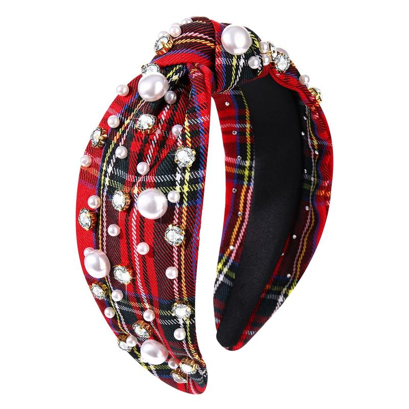 Christmas Headband for Women White Pearl Rhinestone Crystal Jeweled Embellished Hairband Wide Top Knot Hairband Headpieces Christmas Holiday Party Costume Decoration (red plaid knot hairband)