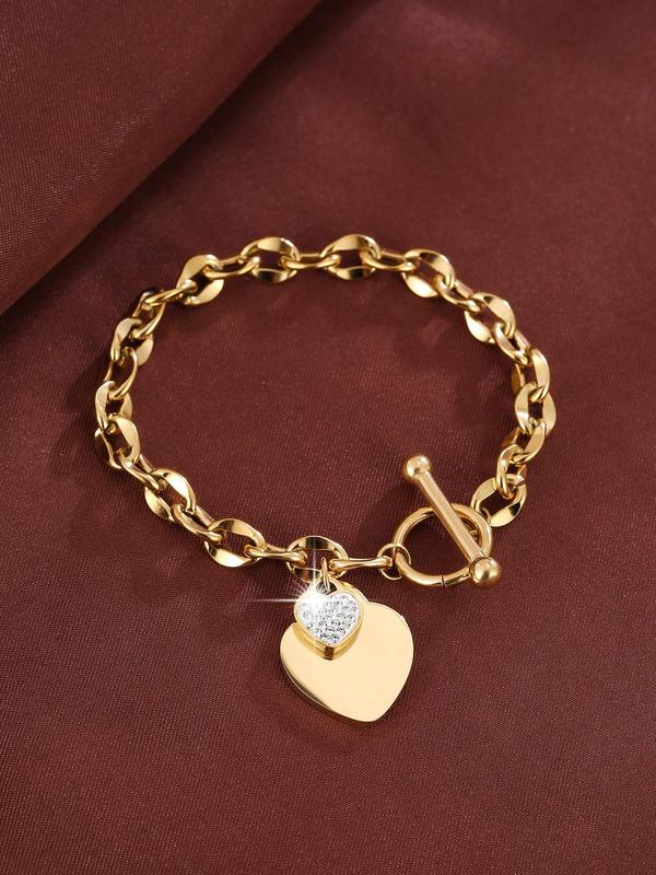 Fashionable Elegant Rhinestone Decor Heart Charm Decor OT Link Bracelet, Exquisite Trendy Bracelet, Trendy Exquisite Hand Jewelry for Women As Gift