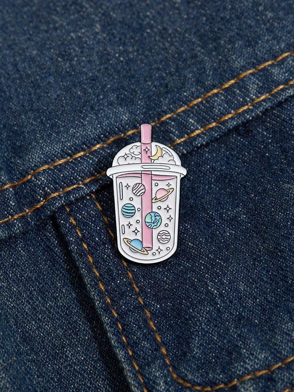 Cartoon Space Planet Pattern Brooch As Gift, Cute Milk Tea Cup Design Brooch, Fashion Alloy Kawaii Accessories for Back to School Season