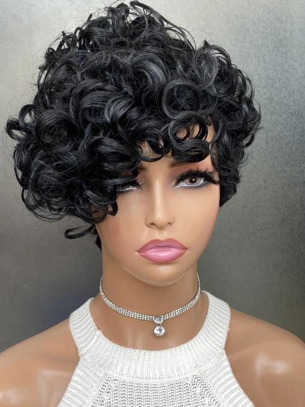 Women's Black Short Curly Wigs with Curly Side-swept Bangs, Wigs for Daily, Cosplay, Anime Or Costume Party, Striking Natural Fluffy Hair Wigs for Daily & Party Hairstyle Decoration