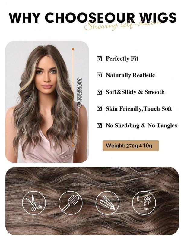 22 Inch Brown Highlight Long Wavy Wigs for Women, Gorgeous Fluffy Wigs, Synthetic Full Machine Wigs for Party, Daily Use