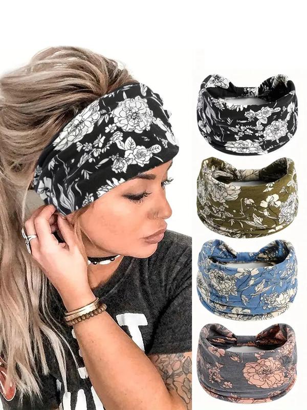 Women's Floral Print Sport Hair Band, 4 Counts Elastic Wide Hair Band, Summer Hair Accessories for Gym Workout Running