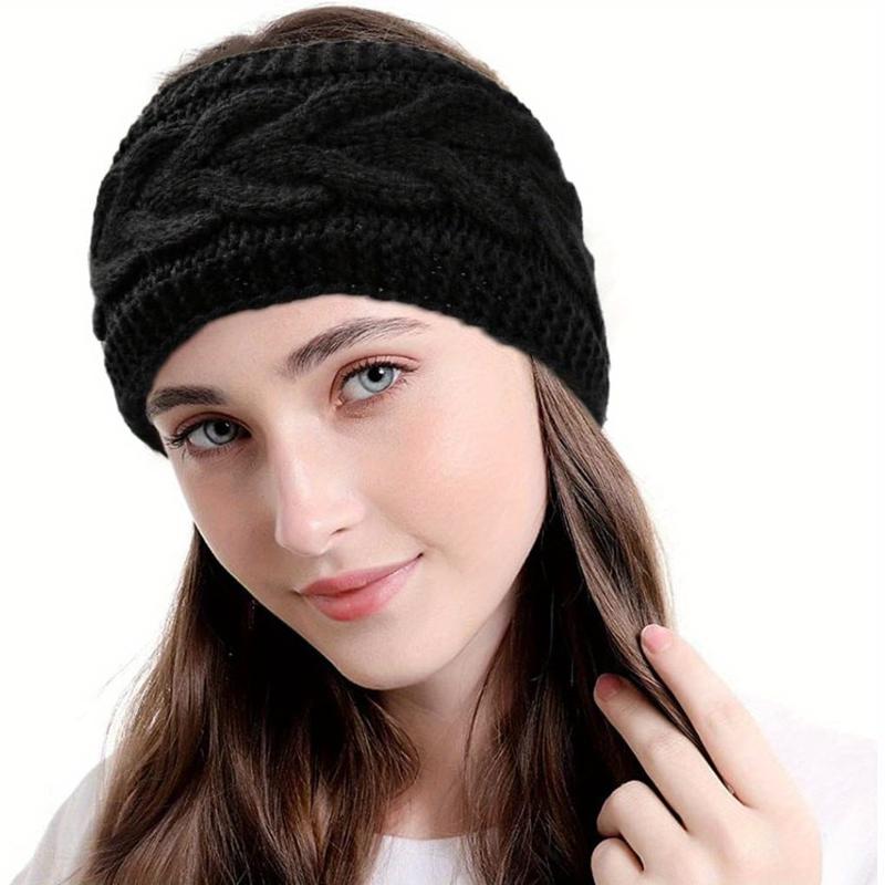 2 Pcs set Ribbed Fleece Knitted Headband Solid Color Elastic Ear Warmer Headband Classic Bow Hair Band Suitable for Ladies Daily Use Autumn and Winter