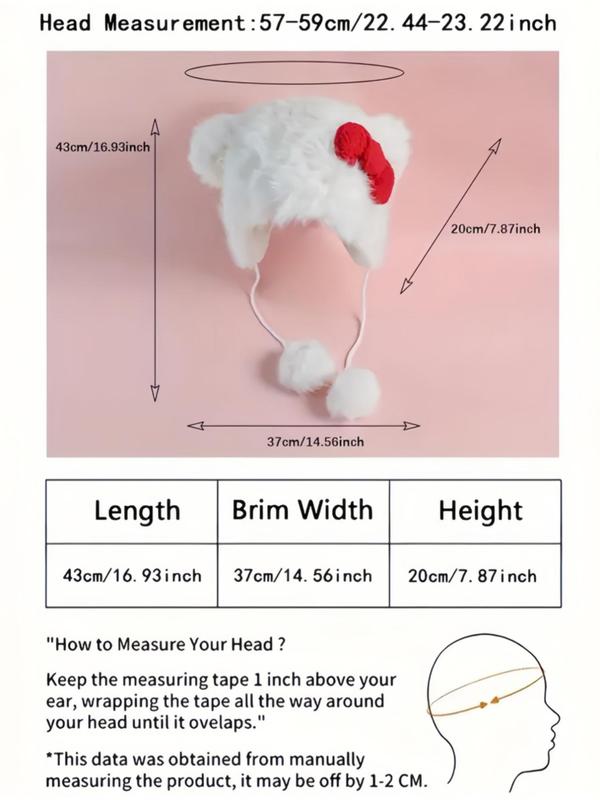 Cute Cat Design Bowknot & Pom Pom Decor Plush Hat, Fashionable Warm Thickened Ear Protection Hat for Fall & Winter, Women's Hat for Daily Wear