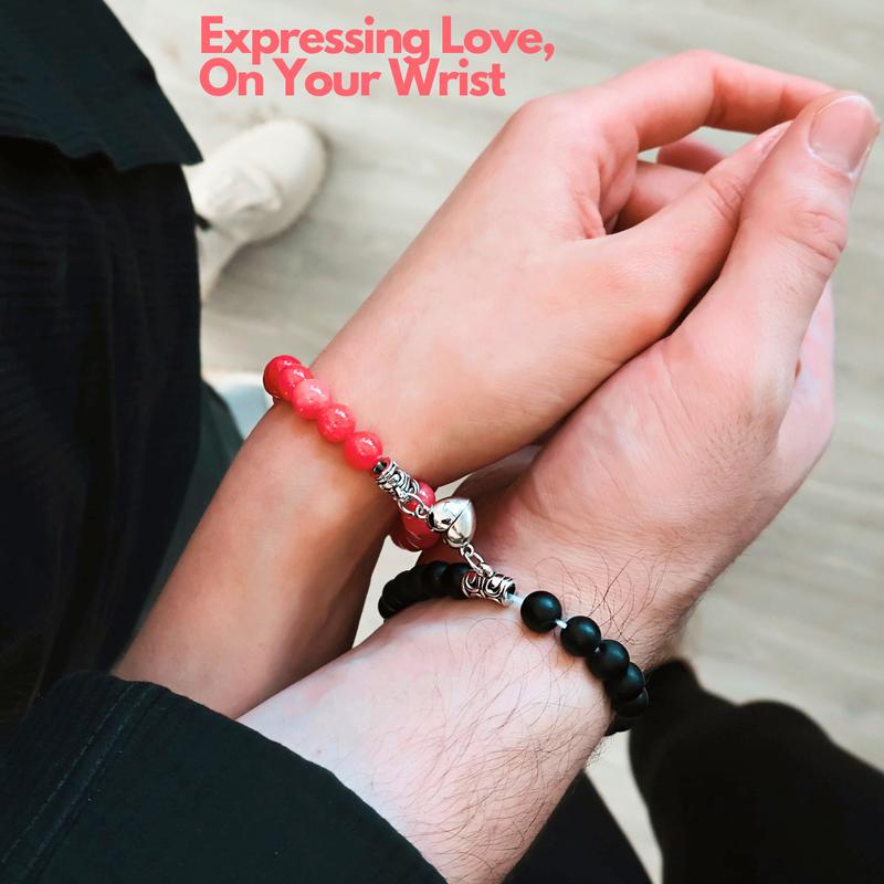 2 Pcs Couples Bracelet Magnetic Healing Stone Stretch Cord Friendship Bracelet for Men & Women