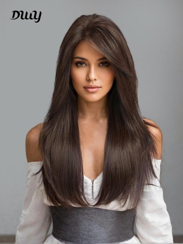 24 Inch Long Layered Straight Wigs for Women, Natural Looking Gorgeous Fluffy Wigs with Side-swept Bangs, Synthetic Lace Front Wigs for Party Photography, Daily Use