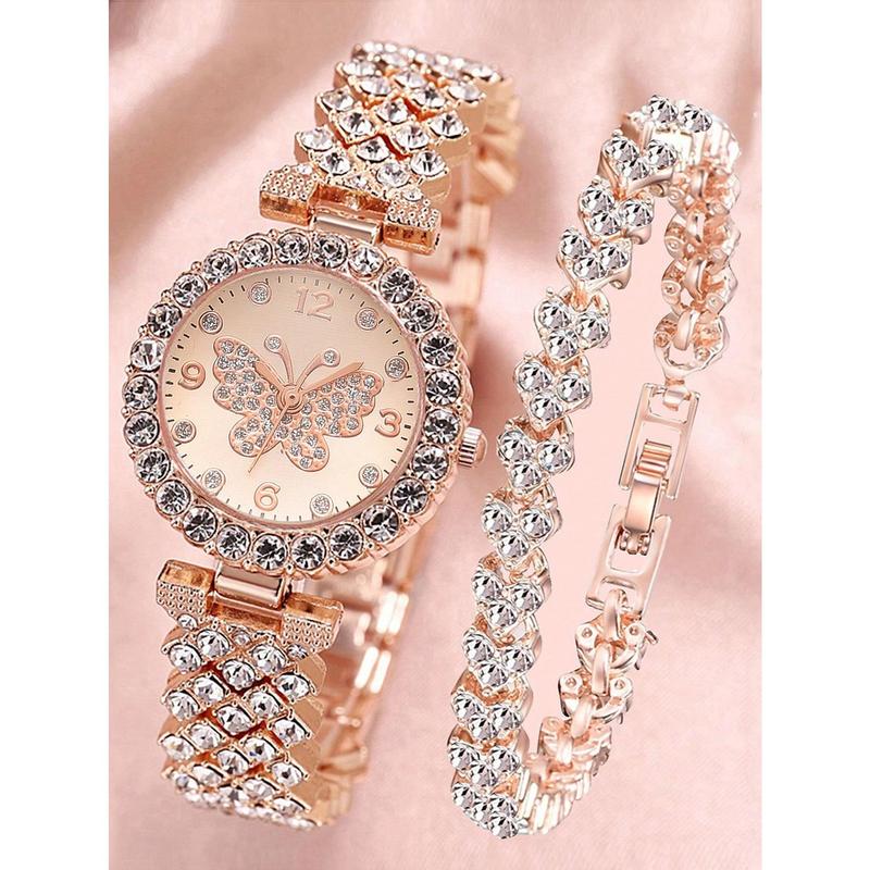 2pcs Set Women's Rose Gold Stainless Steel Rhinestone Decorated Butterfly & Round Shaped Dial Quartz Watch And Alloy Bracelet, Suitable For Daily Wear Holiday