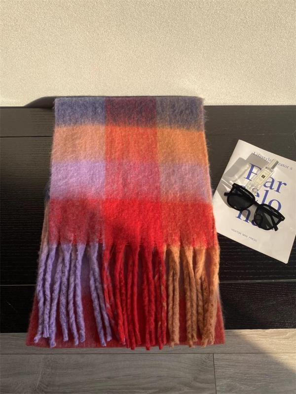 Colorblock Plaid Pattern Tassel Decor Scarf, Casual Soft Warm Shawl for Women & Men, Fashion Accessories for Fall & Winter