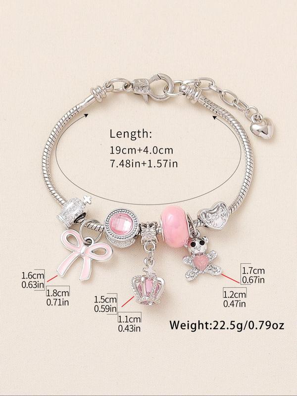 Cute Cartoon Bear & Heart & Crown Design Charm Bracelet, Rhinestone Decor Adjustable Link Bracelet, Fashion Accessories for Women & Girls