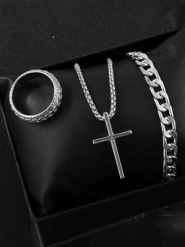 Men's Punk Hip Hop Cross Necklace & Curb Chain Bracelet & Ring, Fashion Jewelry Set for Party, Daily Decor, Trendy All-match & Exquisite Jewelry for Birthday Gift