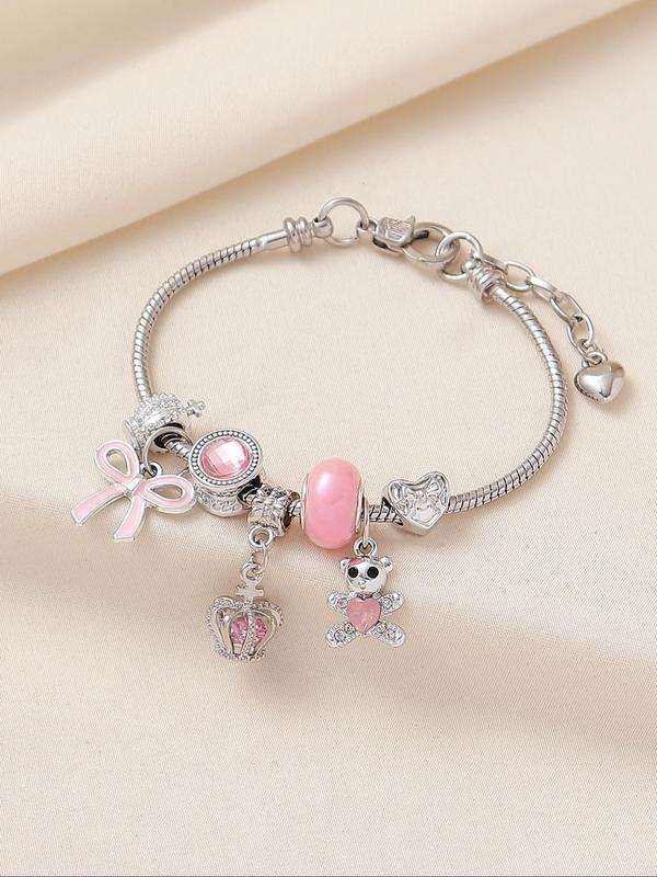 Cute Cartoon Bear & Heart & Crown Design Charm Bracelet, Rhinestone Decor Adjustable Link Bracelet, Fashion Accessories for Women & Girls