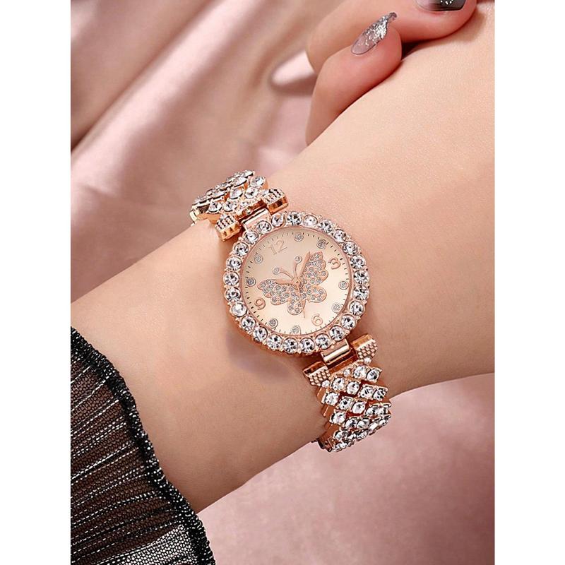 2pcs Set Women's Rose Gold Stainless Steel Rhinestone Decorated Butterfly & Round Shaped Dial Quartz Watch And Alloy Bracelet, Suitable For Daily Wear Holiday