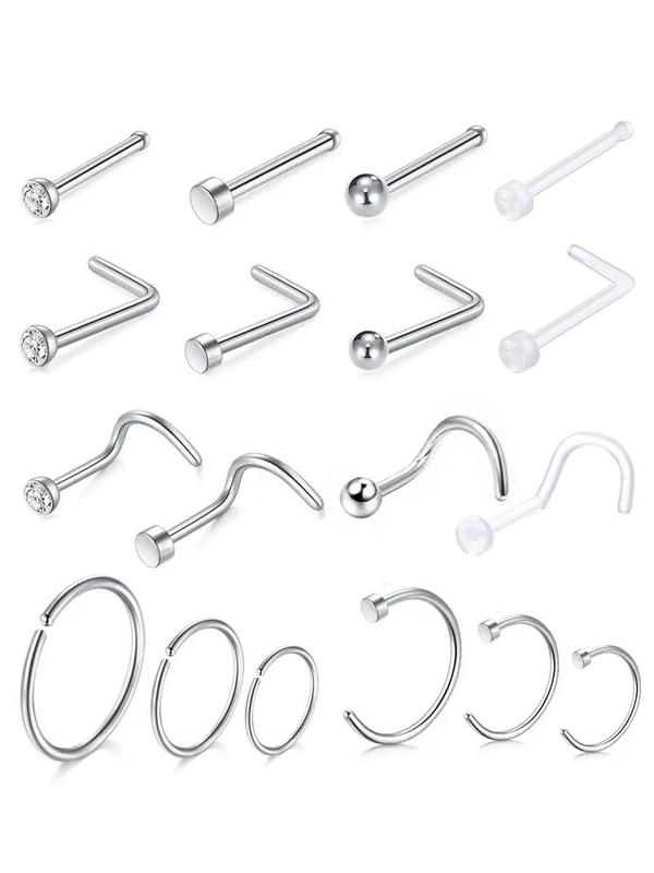 18pcs Stainless Steel Nose Ring, Nose Rings for Women & Men, Nose Cuff Rings, Transparent Nose Rings for Daily Wear, Trendy All-match & Exquisite Jewelry for Birthday Gift