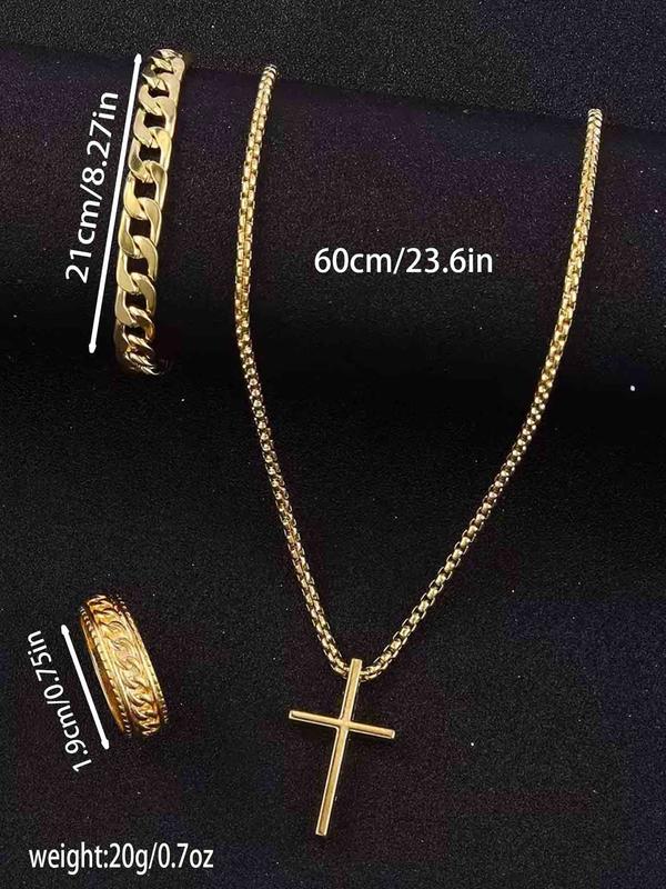 Men's Punk Hip Hop Cross Necklace & Curb Chain Bracelet & Ring, Fashion Jewelry Set for Party, Daily Decor, Trendy All-match & Exquisite Jewelry for Birthday Gift