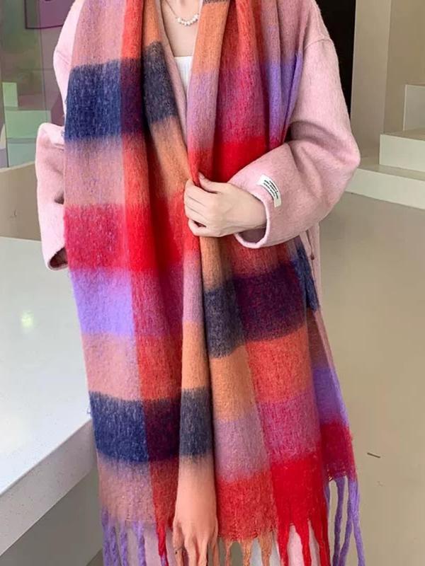 Colorblock Plaid Pattern Tassel Decor Scarf, Casual Soft Warm Shawl for Women & Men, Fashion Accessories for Fall & Winter