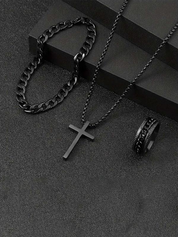 Men's Punk Hip Hop Cross Necklace & Curb Chain Bracelet & Ring, Fashion Jewelry Set for Party, Daily Decor, Trendy All-match & Exquisite Jewelry for Birthday Gift