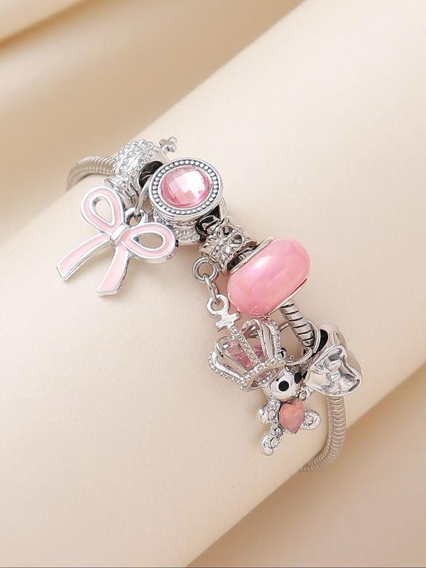 Cute Cartoon Bear & Heart & Crown Design Charm Bracelet, Rhinestone Decor Adjustable Link Bracelet, Fashion Accessories for Women & Girls